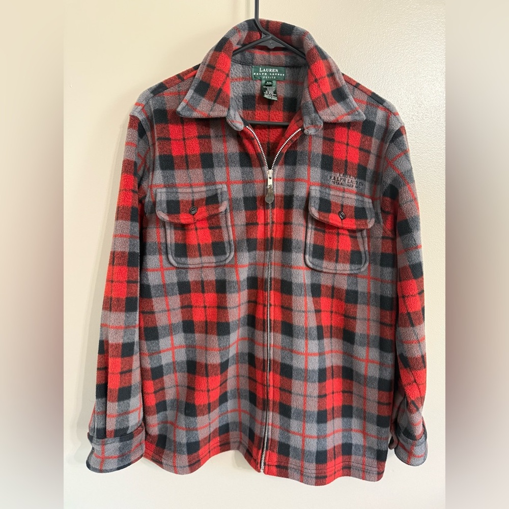 Lauren Ralph Lauren Fleece Shacket Full Zip Plaid Red‎ Gray Black Women's P/M